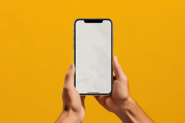 Hand holding smartphone isolated on yellow background. Generative AI