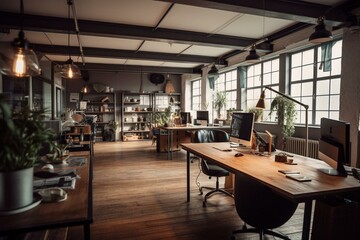 Fototapeta na wymiar Fun workspace with shared desks and meeting room in loft. Generative AI