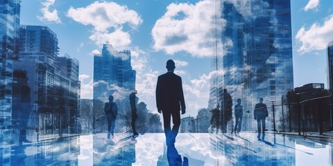 Fototapeta na wymiar The Double Exposure of Businessman Walking Through Cityscape. Generative AI