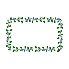 Green blooming liana plant frame with blue flowers. Cartoon rectangular horizontal border for greeting card decorating, invitation cards. Colored vector isolated on white background