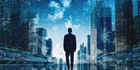 The Double Exposure of Businessman Walking Through Cityscape. Generative AI
