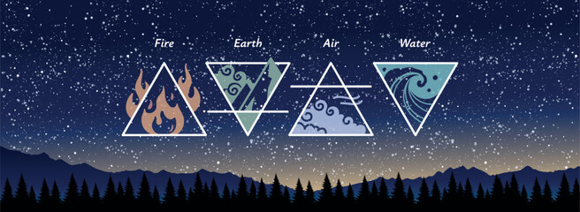 Logo of the four alchemical elements on the background of the starry sky, earth, air, fire, water, zodiac sign, astrological triangular esoteric symbols. Mystical vector illustration.