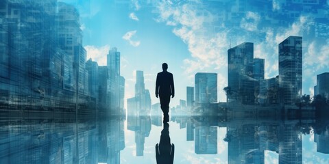 Fototapeta na wymiar The Double Exposure of Businessman Walking Through Cityscape. Generative AI