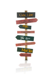 Wooden pointer for different cocktails isolated on white background. Clipping path