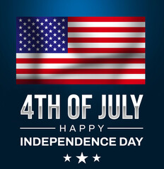 4th of July happy independence day wallpaper with waving American flag and blue backdrop. United States of America independence day concept background