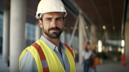 Portrait of a male engineer in a white helmet on a construction site.Generative Ai