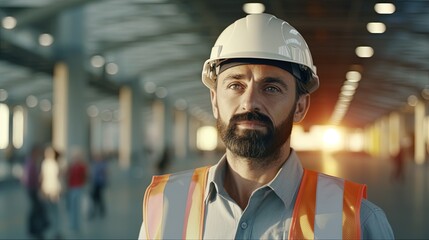Fototapeta na wymiar Portrait of a male engineer in a white helmet on a construction site.Generative Ai