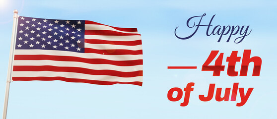 Happy 4th of July Independence Day background with the Waving American flag and typography on the sky. 4th of July patriotic banner design