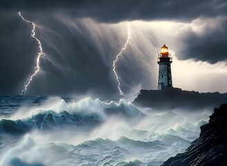 lighthouse on the coast of state. Resilience Amidst Chaos: Capturing the Drama of a Stormy Seascape"
