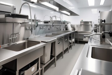 high-volume kitchen workflow with rigorous and consistent standards of cleanliness and sanitation, created with generative ai