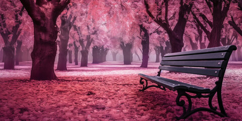 park bench in an avenue in purple colors, generative ai