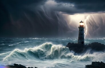 Fototapeta na wymiar lighthouse at night. Resilience Amidst Chaos: Capturing the Drama of a Stormy Seascape