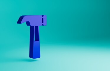 Blue Hammer icon isolated on blue background. Tool for repair. Minimalism concept. 3D render illustration