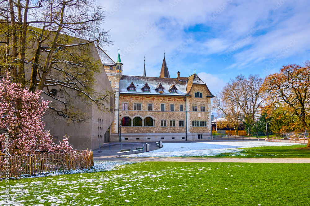 Sticker Platzspitz park with blooming magnolia tree and Landesmuseum Zurich, Switzerland