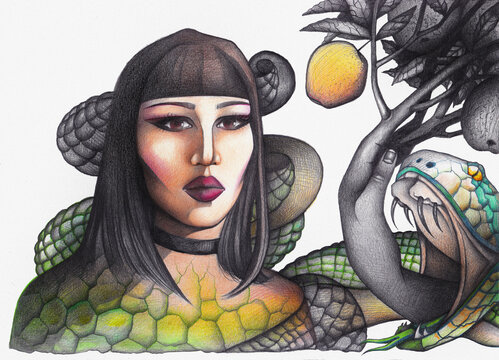 Illustrazione a matite colorate di eva e il serpente