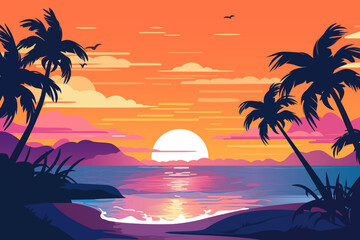 Evening on the beach with a beautiful landscape of palm trees. Evening on the beach with palm trees. colorful picture for rest. Palm trees at sunset. Orange sunset. Summer sunset. Paradise beach sunse