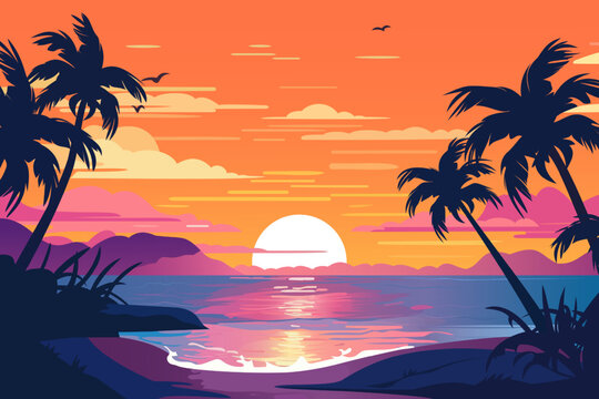 Evening on the beach with a beautiful landscape of palm trees. Evening on the beach with palm trees. colorful picture for rest. Palm trees at sunset. Orange sunset. Summer sunset. Paradise beach sunse