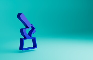 Blue Wooden axe in stump icon isolated on blue background. Lumberjack axe. Axe stuck in wood. Chopping wood. Minimalism concept. 3D render illustration