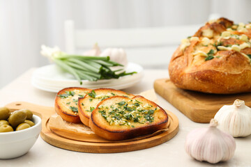 Tasty toasts with garlic, homemade products appetizer