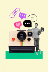 Artwork collage of young photographer enjoy instagram blogging hold laptop income likes comments...