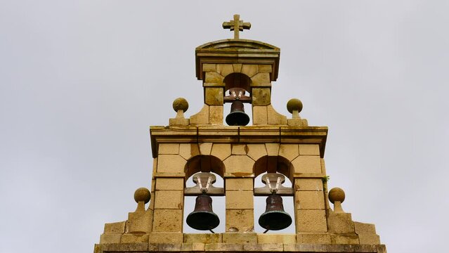 Old small church with bell tower in north Spain. Iglesia de San Martin de Podes in Asturias.