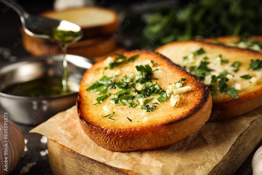 Wall mural Tasty toasts with garlic, homemade products appetizer