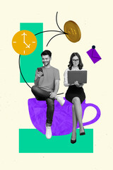 Composite collage picture of two partners working their gadgets spend time receiving online payment bitcoin isolated on beige background - obrazy, fototapety, plakaty