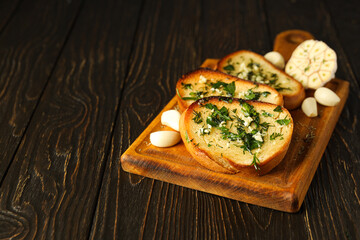 Tasty toasts with garlic, homemade products appetizer