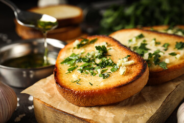 Tasty toasts with garlic, homemade products appetizer