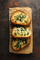 Tasty toasts with garlic, homemade products appetizer