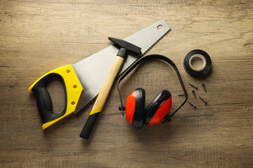 Concept of different work accessories, engineering supplies and tools