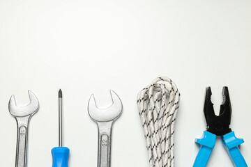Concept of different work accessories, engineering supplies and tools