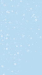 Snowy christmas background. Subtle flying snow flakes and stars on light blue winter backdrop. Delicate sweet snowy christmas. Vertical vector illustration.