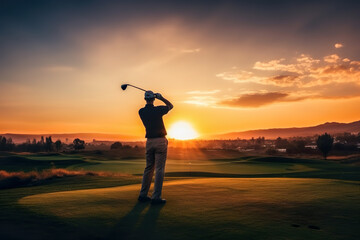 Man Playing Golf Sports In Front Of Beautiful Sunset Backdrop - Generative AI