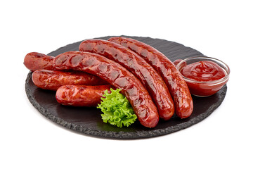 Roasted sausages, barbecued sausages, isolated on white background.