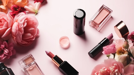 Obraz na płótnie Canvas Professional makeup cosmetics pastel color palette, flat lay with flowers. Beauty concept, decorative professional products Generative AI