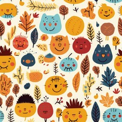 Seamless/Tiled Autumn Pattern: Vibrant Fall Colors, Cute Motifs and Cheerful Elements, Joyful Design of Seasonal Splendor, Conjuring Warmth and Happiness - Generative AI