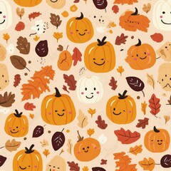 Obraz premium Seamless/Tiled Autumn Pattern: Vibrant Fall Colors, Cute Motifs and Cheerful Elements, Joyful Design of Seasonal Splendor, Conjuring Warmth and Happiness - Generative AI