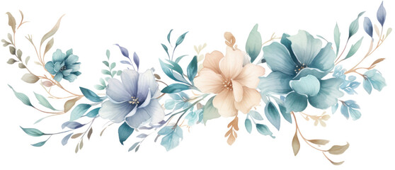 Watercolor floral painting in blue and beige colors isolated on a white background. Created with generative AI technology.