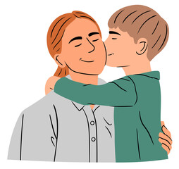 Mère et fils qui font un câlin et un bisou pour la fête des mères