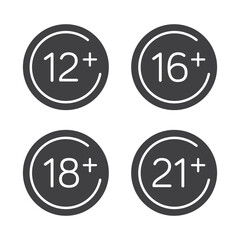 12, 16,18, 21 plus movie age content sign icon isolated vector illustration.