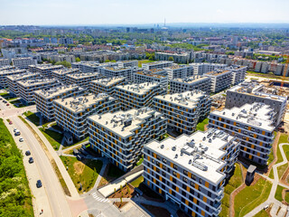 Aerial view landscape Poland Cracow. View of modern estate and blocks of apartments, new apartments. 