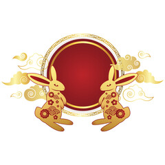 golden and red rabbits round frame oriental element chinese style