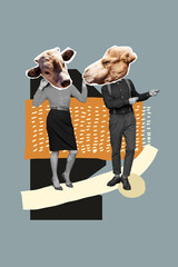 Vertical unusual creative collage photo of funny positive headless people animals instead of head...