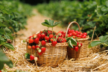 Fototapeta na wymiar Two baskets full of red ripe strawberries close-up in a thatched passage between bushes