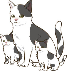 猫の親子（白黒ぶち模様）