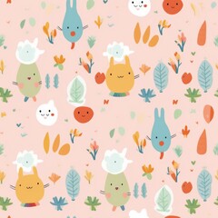 Seamless/Tiled Vibrantly Colorful, Child-Friendly Artistic Design: Playful Imagery and Whimsical Elements, Cute Illustration - Generative AI