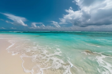 Obraz premium Beautiful blue sea ocean with shallow waves and sand beach. Generative AI illustration