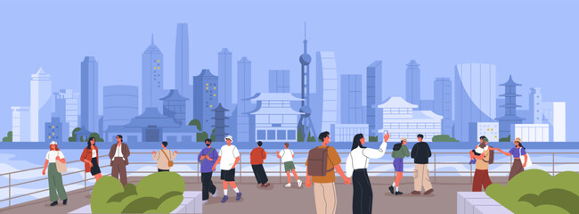 China city with tourists and modern urban view on highrise buildings, skyscrapers, landmarks. Asian Chinese cityscape, people travel at bund in Shanghai center, Asia. Flat vector illustration © Good Studio