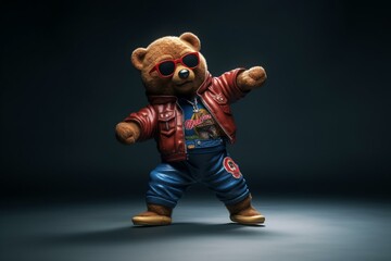 Funny teddy bear in hiphop outfit busting moves. Generative AI